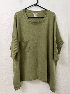 Sundance Olive Green Scoop Neck Oversized Wool Blend Pocket Sweater L Large